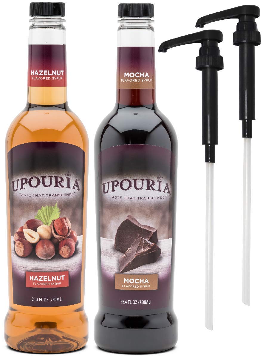 Upouria Coffee Syrup Variety Pack - Hazelnut and Mocha Flavoring, 100% Gluten Free, Vegan, and Non Dairy, 750 mL Bottle - 2 Coffee Syrup Pumps Included