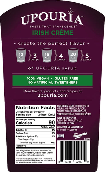 Upouria Irish Crème Coffee Syrup Flavoring, 100% Vegan, Gluten Free, Kosher, 750 mL Bottle - Coffee Syrup Pump Included