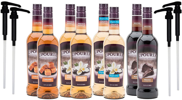 Upouria Coffee Syrup Variety Pack 2 of each - French Vanilla, Sugar Free French Vanilla, Mocha, Caramel, 100% Vegan, Gluten-Free, 750ml Bottles (Pack of 8) with 4 By The Cup Pumps