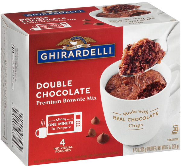 Ghirardelli Premium Microwave Brownie Mug Mix Bundle, Double Chocolate, and Salted Caramel, 2 boxes of each Flavor, 4 Servings Per Box with Set of 4 By The Cup Colorful Spoons
