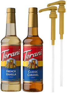 Torani French Vanilla and Classic Caramel Coffee Syrup Flavoring, 750 ML Bottle (Pack of 2) with 2 By The Cup Coffee Syrup Pumps