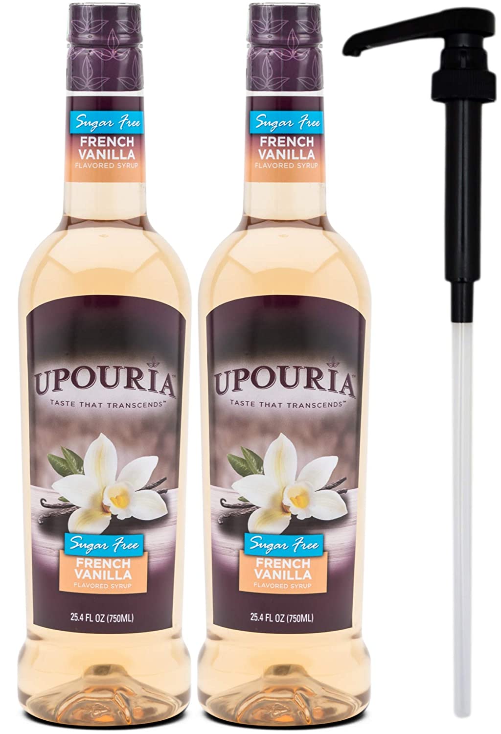 Upouria Sugar Free French Vanilla Coffee Syrup Flavoring, 100% Vegan, Gluten-Free, 750 mL Bottle (Pack of 2) with 1 Coffee Syrup Pump