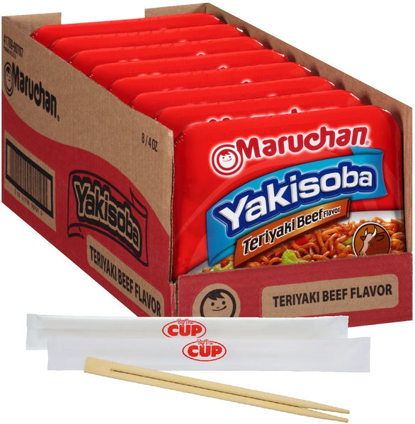 By The Cup Chopsticks and Soup Bundle - Maruchan Yakisoba Teriyaki Beef Flavor 4 Ounce Single Serving Home-style Japanese Noodles - (Pack of 8)