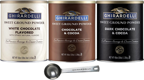 Ghirardelli Sweet Ground Premium Powder 3 Flavor Variety, 1 - 3 Pound Can Each, White Chocolate, Chocolate, and Dark Chocolate with Limited Edition Measuring Spoon