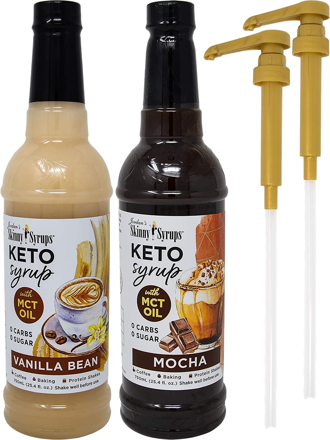 Sugar Free Keto Vanilla Bean and Mocha with MCT Oil 750 ml Bottles (Pack of 2) with 2 By The Cup Syrup Pumps