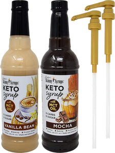 Sugar Free Keto Vanilla Bean and Mocha with MCT Oil 750 ml Bottles (Pack of 2) with 2 By The Cup Syrup Pumps