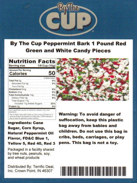 By The Cup Peppermint Bark Candy 1 Pound Red Green and White Candy Pieces