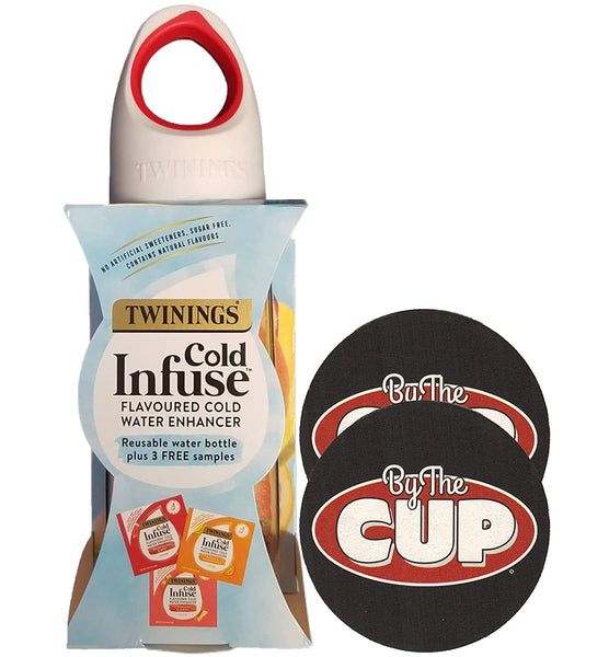 Twinings Cold Infuse Starter Kit (3 Infusers and Reusable Water bottle) with By The Cup Coasters