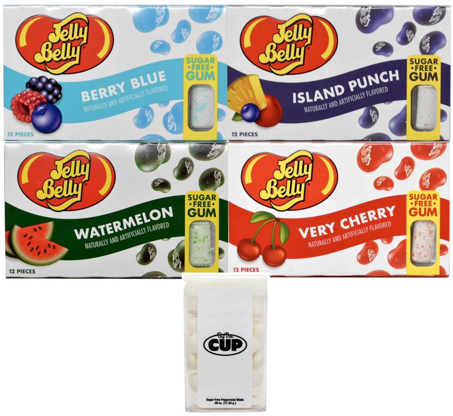 Jelly Belly Sugar Free Gum Variety: Very Cherry, Berry Blue, Island Punch, Watermelon (Pack of 4) with By The Cup Mints