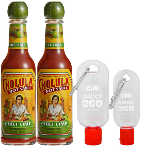Cholula Chili Lime Hot Sauce 5 Oz (Pack of 2) with 2 By The Cup Sauce 2 Go Keychains
