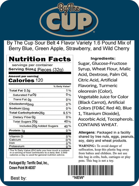 By The Cup Sour Belt 4 Flavor Variety 1.6 Pound Mix of Berry Blue, Green Apple, Strawberry, and Wild Cherry