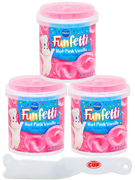 Pillsbury Funfetti Hot Pink Vanilla Flavored Frosting (Pack of 3) with By The Cup Frosting Spreader