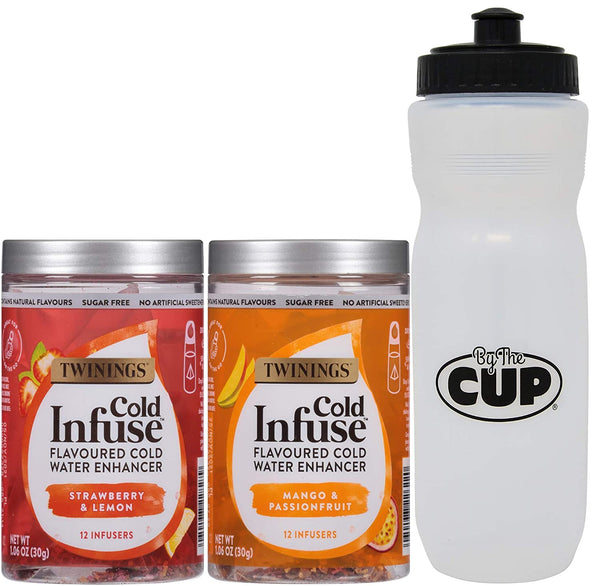Twinings Cold Infuse Flavoured Cold Water Enhancer Variety, Strawberry & Lemon and Mango & Passionfruit with By The Cup Sports Bottle