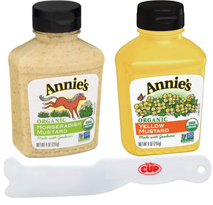 Annie's Organic Condiment Variety Pack, Yellow Mustard and Mustard Horseradish 9 oz Bottles (Pack of 2) with By The Cup Spreader