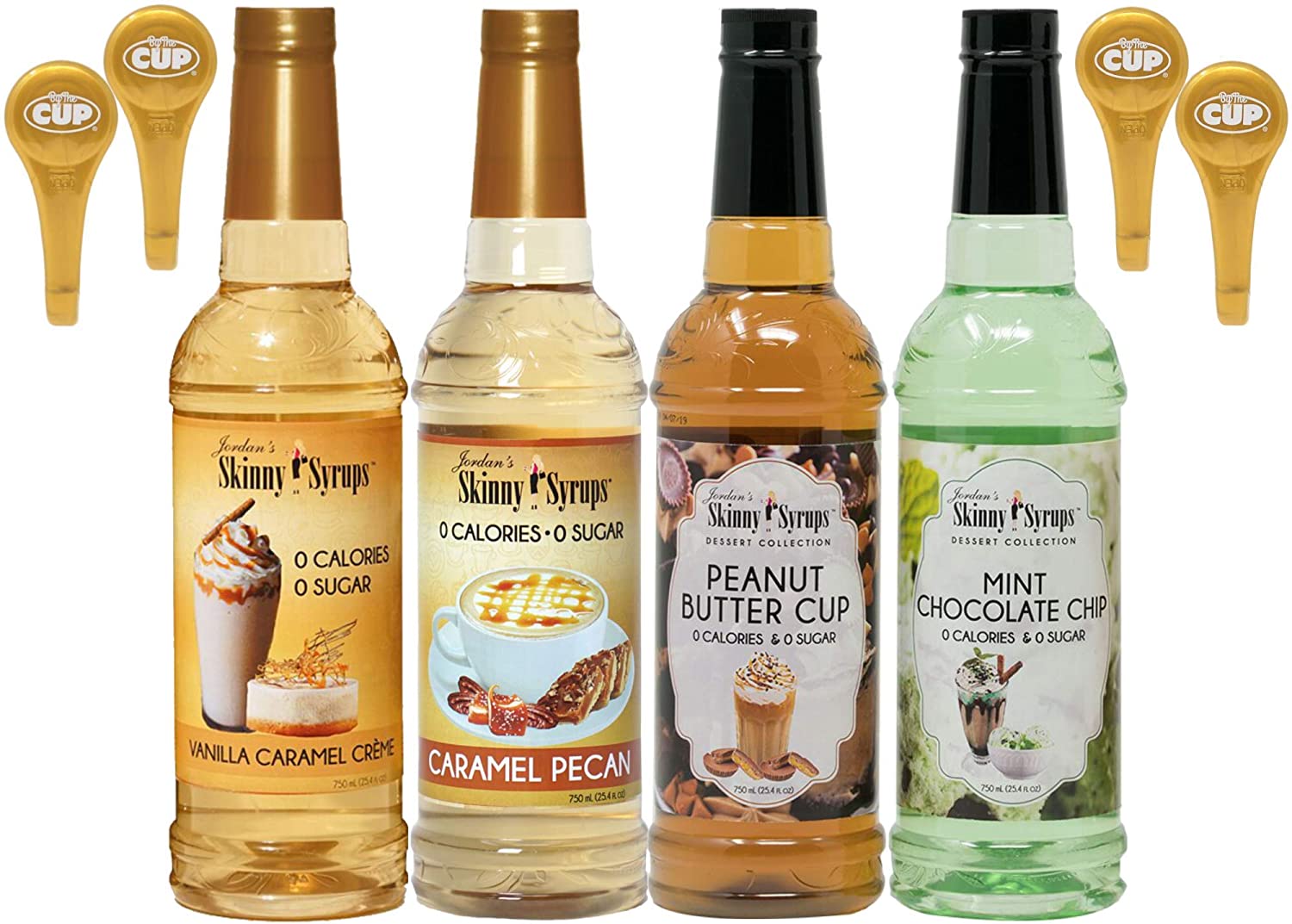 Jordan's Skinny Syrups Sugar Free Vanilla Caramel, Caramel Pecan, Mint Chocolate Chip, Peanut Butter 750 ml Bottles (Pack of 4) with 4 By The Cup Pumps