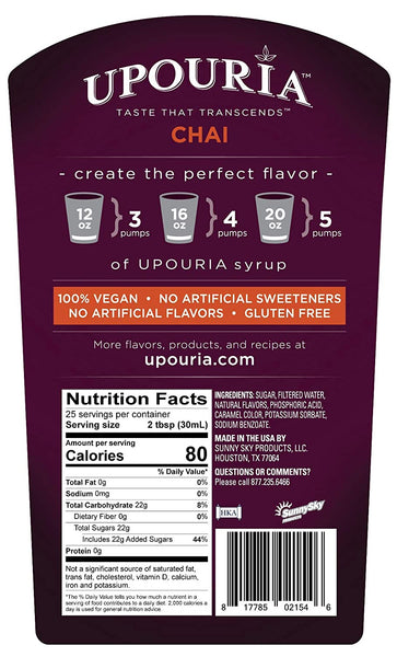 Upouria Chai Flavored Syrup, 100% Vegan and Gluten-Free, 750ml bottle - Pump included