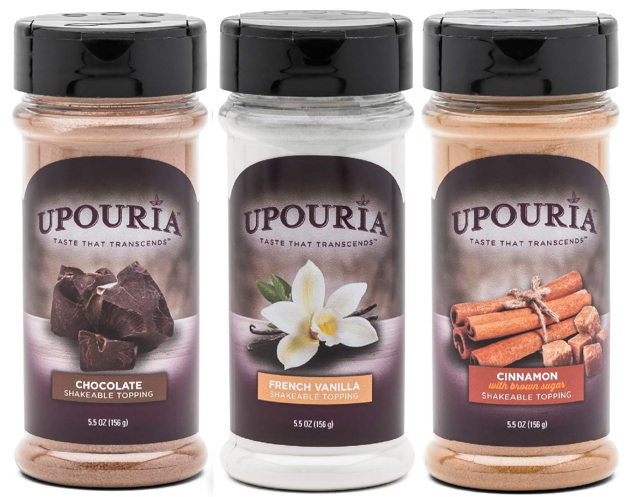 Upouria Coffee Topping Variety Pack - Chocolate, Cinnamon with Brown Sugar, and French Vanilla, 5.5 Ounce Shakeable Topping Jars - (Pack of 3)