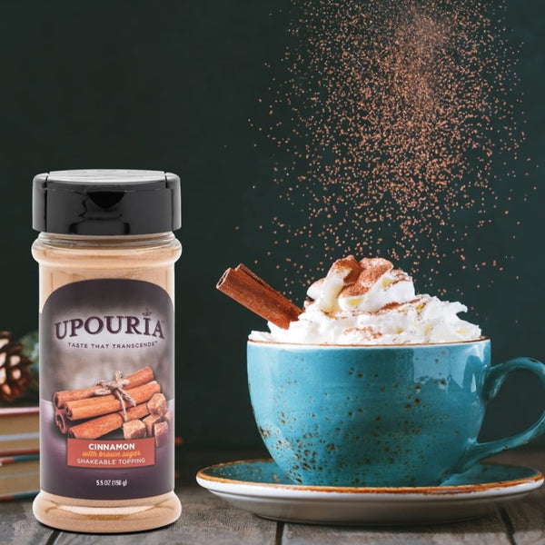 Upouria Coffee Topping Variety Pack - Chocolate, Cookies N Cream, French Vanilla and Cinnamon with Brown Sugar - 5.5 Ounce Shakeable Topping Jars - (Pack of 4)