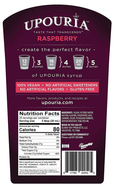 Upouria Raspberry Flavored Syrup, 100% Vegan and Gluten-Free, 750 ml bottle - Pump Included