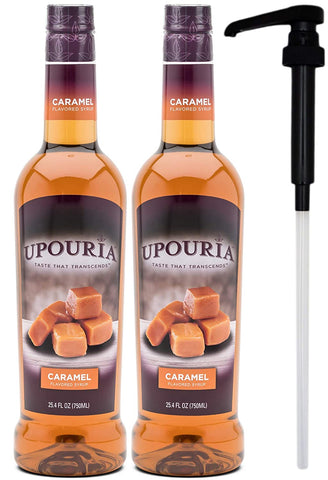Upouria Caramel Coffee Syrup Flavoring, 100% Vegan, Gluten-Free, Kosher, 750ml bottle (Pack of 2) with 1 Syrup Pump