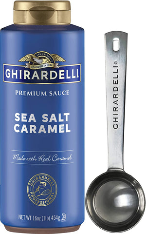 Ghirardelli Sea Salt Caramel Flavored Sauce, 16 Ounce Squeeze Bottle with Ghirardelli Stamped Barista Spoon