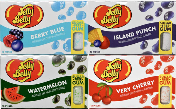 Jelly Belly Sugar Free Gum Variety: Very Cherry, Berry Blue, Island Punch, Watermelon (Pack of 4) with By The Cup Mints