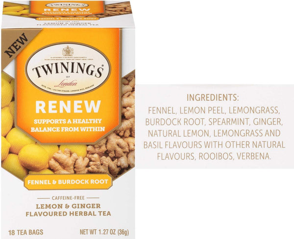 Twinings Herbal Tea Bags Variety - 2 Flavors, 18 Count Box of Each Renew and Soothe with Fennel, Turmeric and Burdock Root and By The Cup Honey Sticks