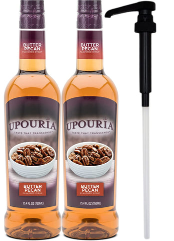 Upouria Butter Pecan Coffee Syrup Flavoring, 100% Vegan, Gluten-Free, Kosher, 750 mL Bottle (Pack of 2) with 1 Syrup Pump