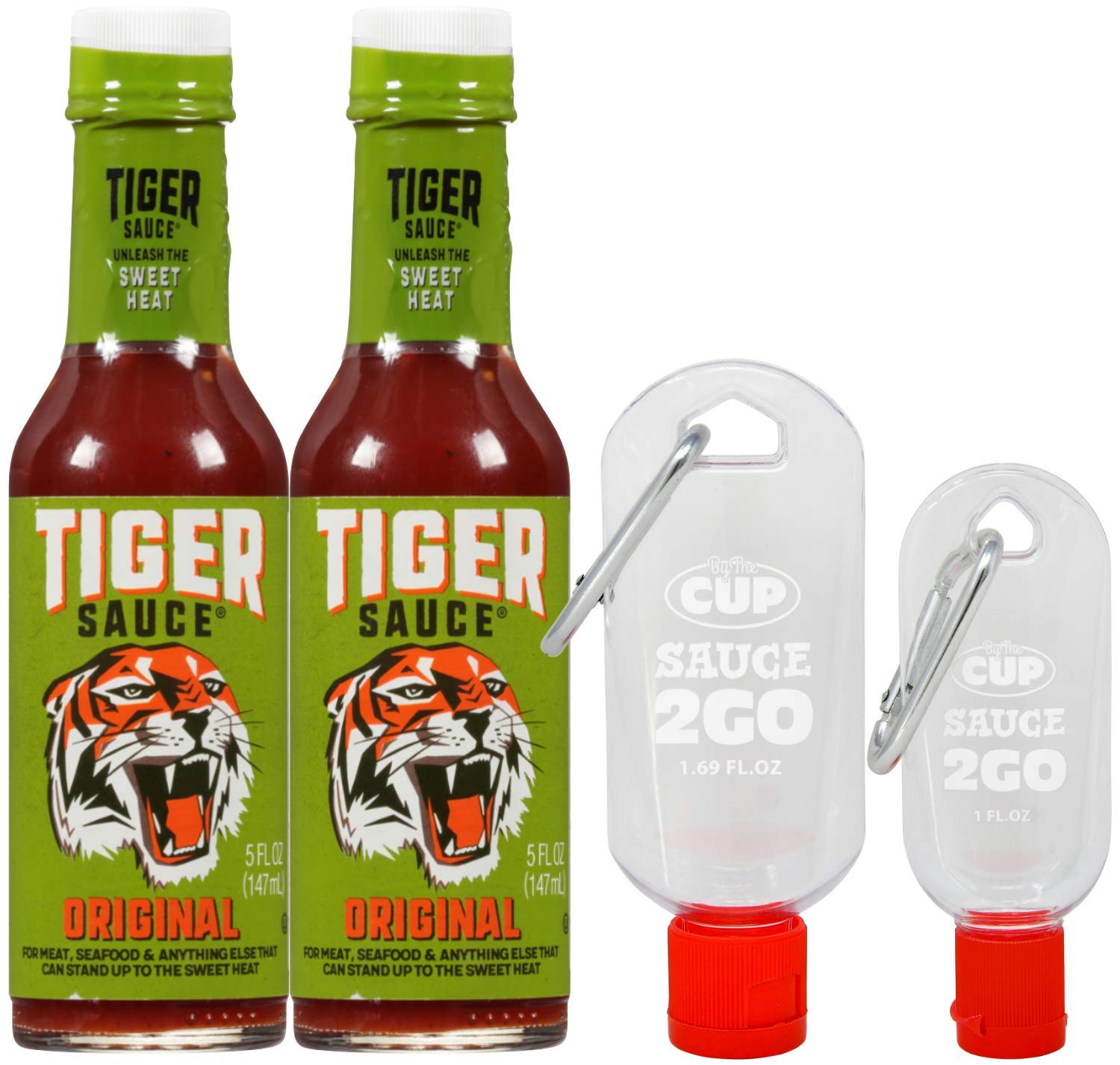 Try Me Tiger Sauce 5 Ounce Bottle (Pack of 2) with 2 By The Cup Sauce 2 Go Keychains