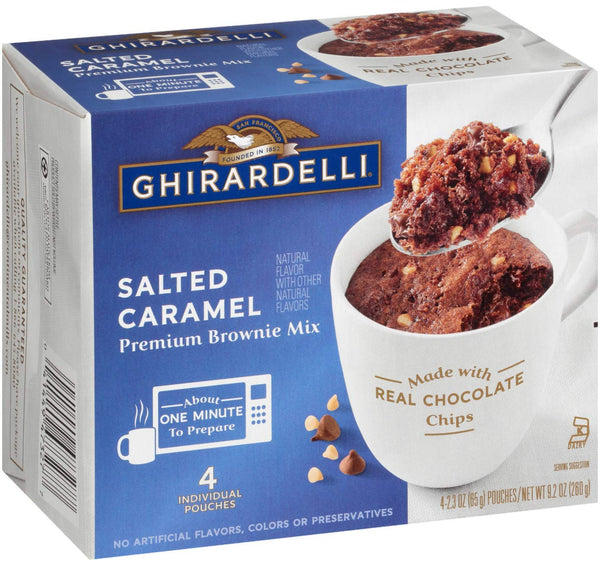 Ghirardelli Premium Microwave Brownie Mug Mix Bundle, Double Chocolate, and Salted Caramel, 2 boxes of each Flavor, 4 Servings Per Box with Set of 4 By The Cup Colorful Spoons