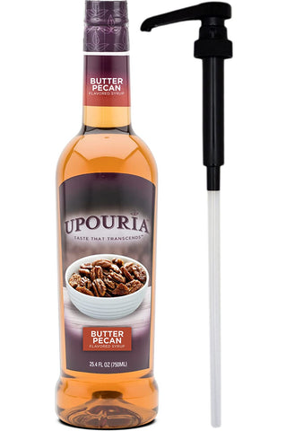 Upouria Butter Pecan Coffee Syrup Flavoring, 100% Vegan, Gluten-Free, Kosher, 750 mL Bottle - Coffee Syrup Pump Included