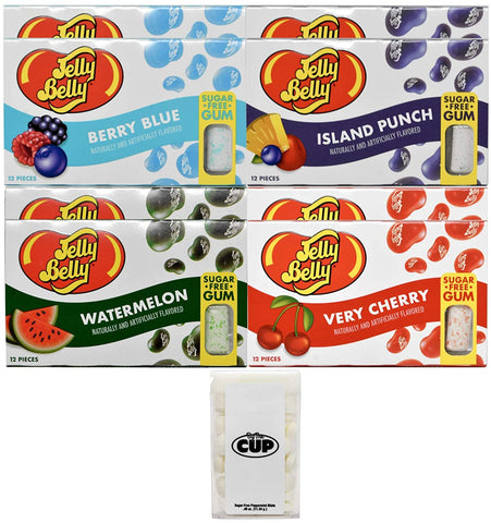 Jelly Belly Sugar Free Gum Variety: Very Cherry, Berry Blue, Island Punch, Watermelon (Pack of 8) with By The Cup Mints