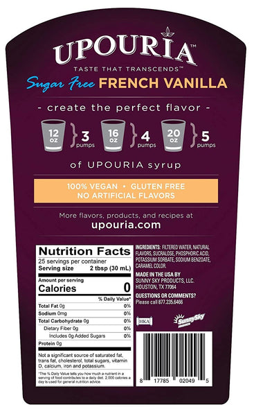 Upouria Sugar Free French Vanilla Coffee Syrup Flavoring, 100% Vegan, Gluten Free, Kosher, Keto, 750 mL Bottle - Coffee Syrup Pump Included