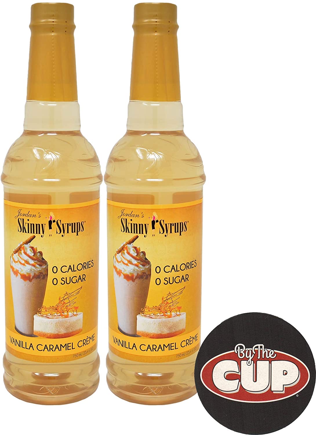 Jordan's Skinny Syrups Sugar Free Vanilla Caramel Creme 750 ml (Pack of 2) with By The Cup Coaster