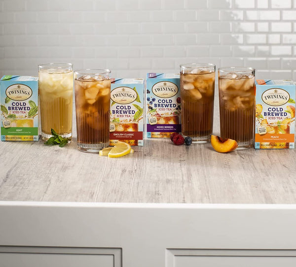 Twinings Cold Brewed Iced Tea Bag Sampler 40 Ct Includes: Mint, Mixed Berries, English Classic, and Peach - with By The Cup Sugar Packets