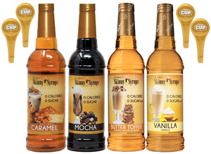 Jordan's Syrups Sugar Free Caramel, Mocha, Butter Toffee, Vanilla 750 ml Bottles (Pack of 4) with 4 By The Cup Pumps