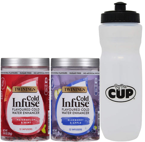 Twinings Cold Infuse Flavoured Cold Water Enhancer Variety, Watermelon & Mint and Blueberry & Apple with By The Cup Sports Bottle