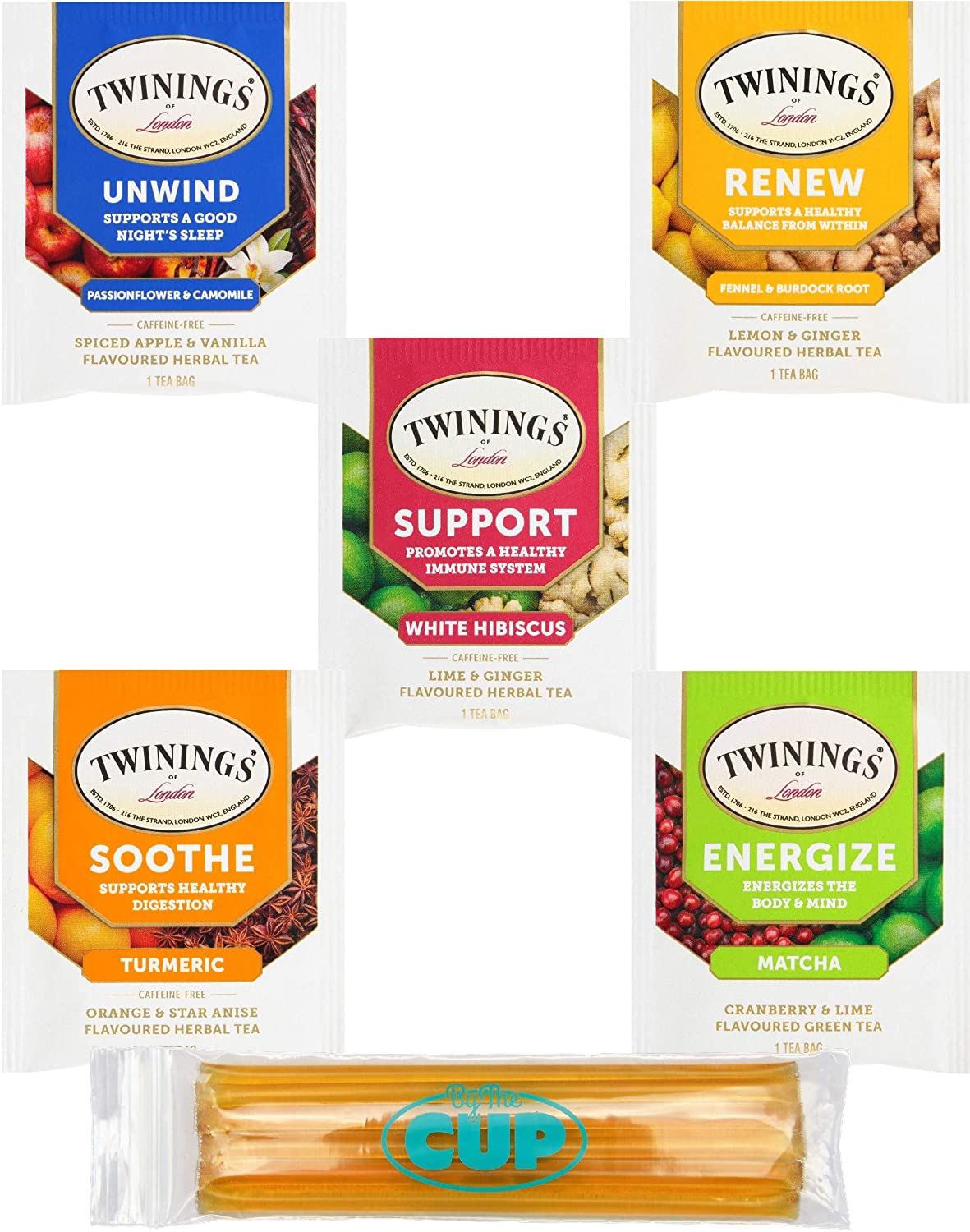 Twinings Wellness Hot Tea Variety Pack 30 Count, 5 Flavors with By The Cup Honey Sticks