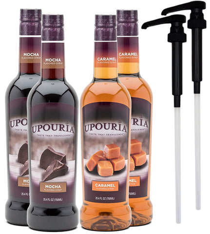 Upouria Caramel & Mocha Coffee Syrup Flavoring, 2 of each Flavor, 100% Vegan, Gluten-Free, Kosher, 750 mL Bottles (Pack of 4) with 2 Coffee Syrup Pumps
