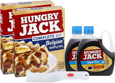 Hungry Jack Waffle Bundle, 2 - Complete Belgian Waffle Mixes and 2 - Sugar-Free Butter Flavored Syrups with By The Cup Butter Spreader