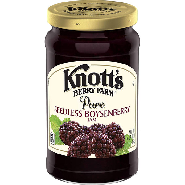 Knott's Berry Farm Pure Seedless Boysenberry Jam 16 Ounce Jar (Pack of 3) with By The Cup Spreader