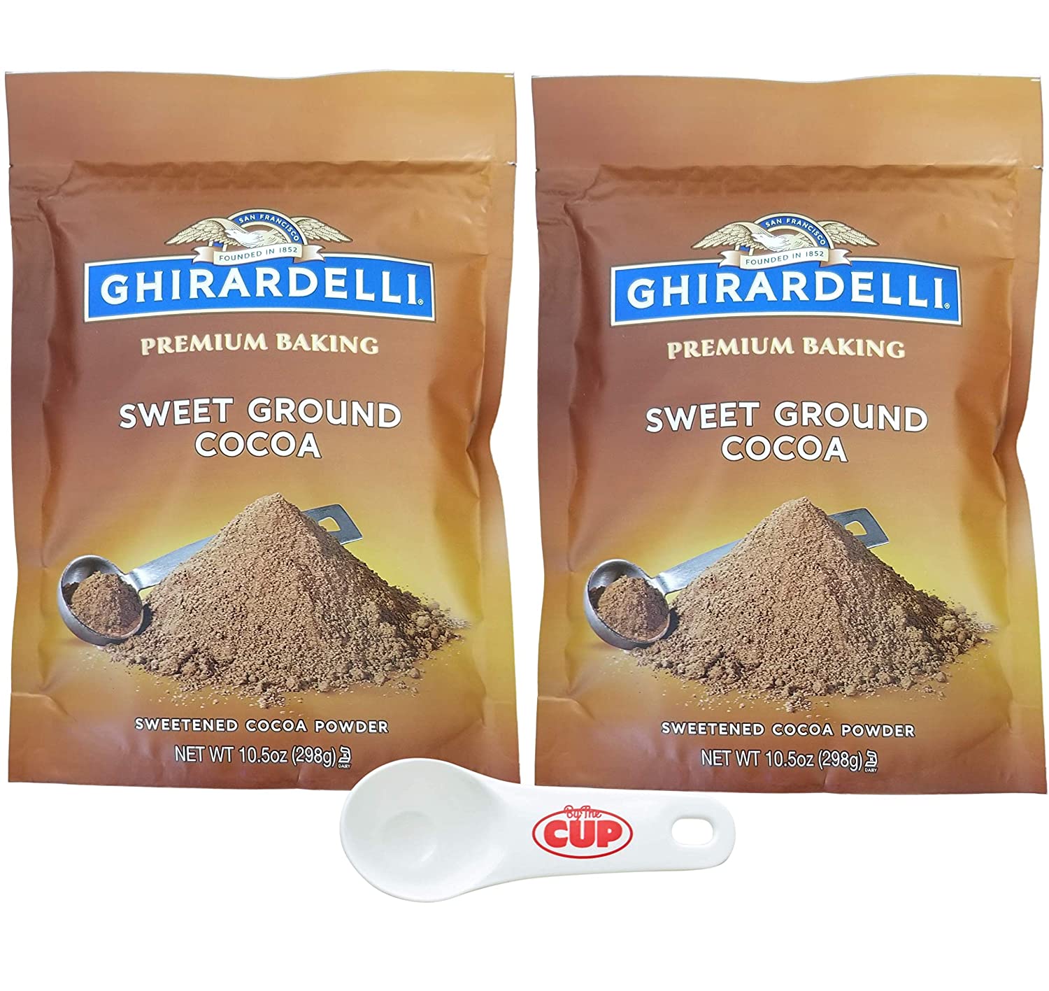 Ghirardelli Sweet Ground Premium Baking Cocoa 10.5 oz (Pack of 2) with By The Cup Cocoa Scoop