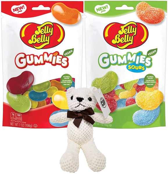 Jelly Belly Gummies Variety, Assorted Gummies and Assorted Sour Gummies, 7 oz Bags (Pack of 2) with By The Cup Teddy Bear