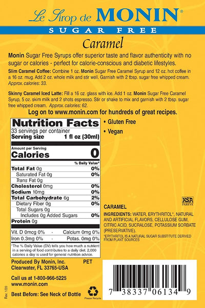 Monin Sugar Free Coffee Syrup Variety - Sugar Free French Vanilla and Caramel Syrup 1 Liter Bottles with 2 By The Cup Coffee Syrup Pumps