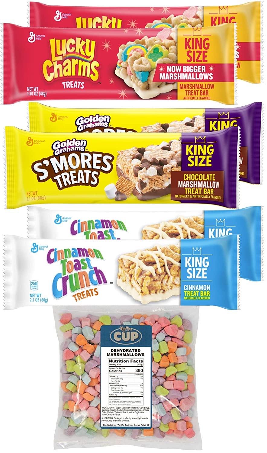 General Mills King Size Treat Bar Variety Pack, Lucky Charms, Golden Grahams, Cinnamon Toast Crunch, 2 of each (Pack of 6) with By The Cup Cereal Marshmallows