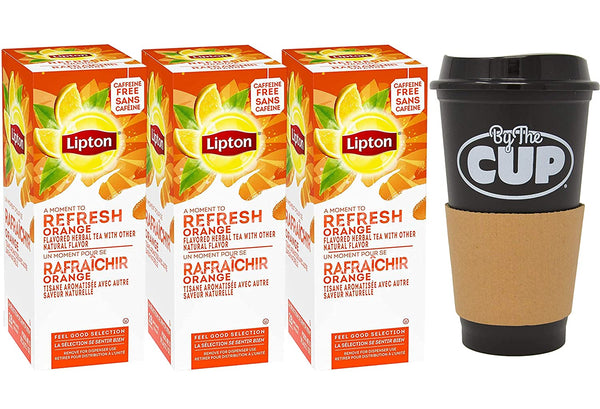 Lipton Refresh Orange Caffeine Free Herbal Tea Bags, 2.1oz Box, 28 Count (Pack of 3) with By The Cup To Go Cup