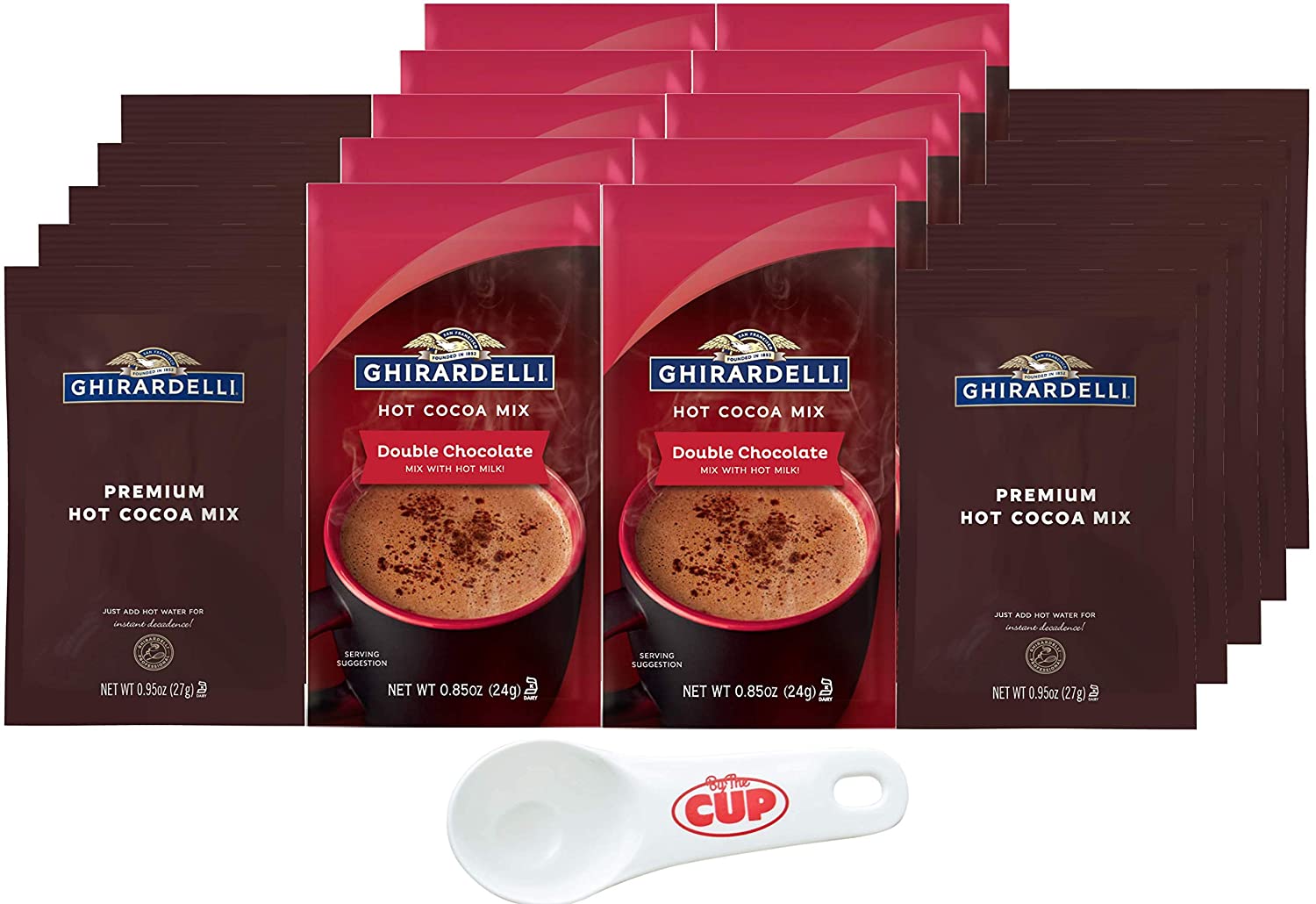 Ghirardelli Chocolate Hot Cocoa Variety, Double Chocolate 0.85 oz Packets & Premium Hot Cocoa Mix .95 oz Packets, 10 of each (Pack of 20) with By The Cup Cocoa Scoop
