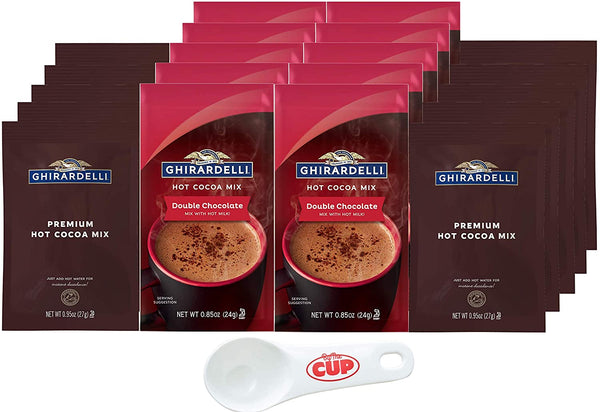 Ghirardelli Chocolate Hot Cocoa Variety, Double Chocolate 0.85 oz Packets & Premium Hot Cocoa Mix .95 oz Packets, 10 of each (Pack of 20) with By The Cup Cocoa Scoop