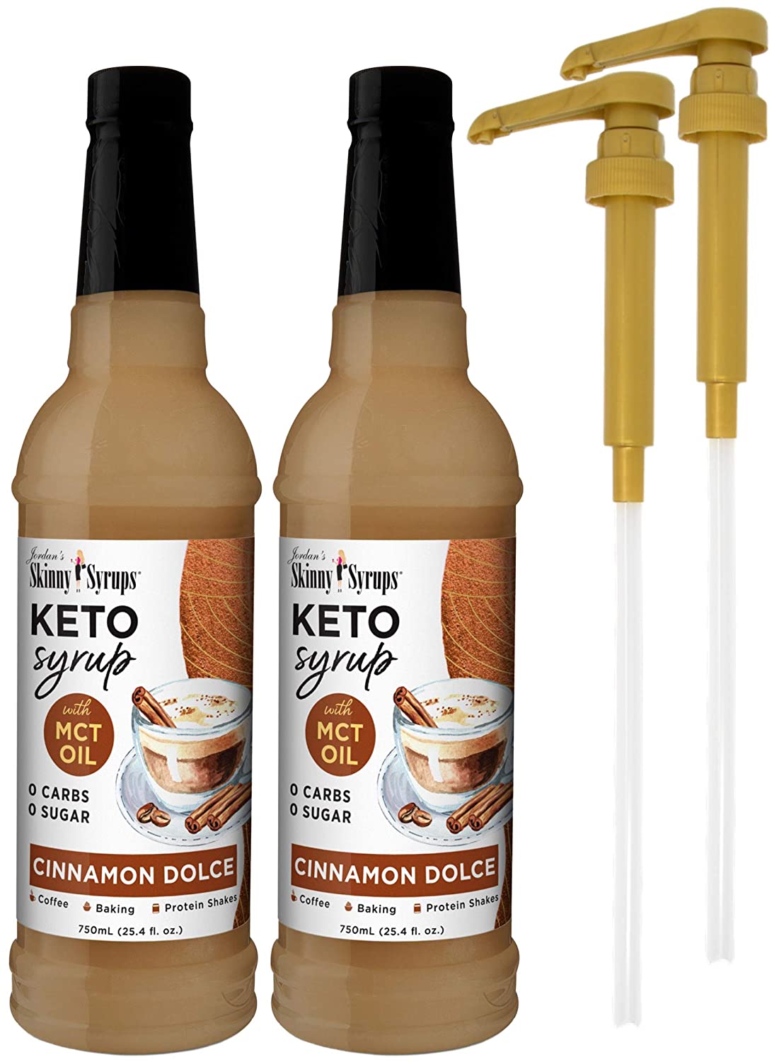 Jordan's Skinny Syrups Keto Cinnamon Dolce with MCT Oil 750 ml Bottles (Pack of 2) and 2 By The Cup Syrup Pumps