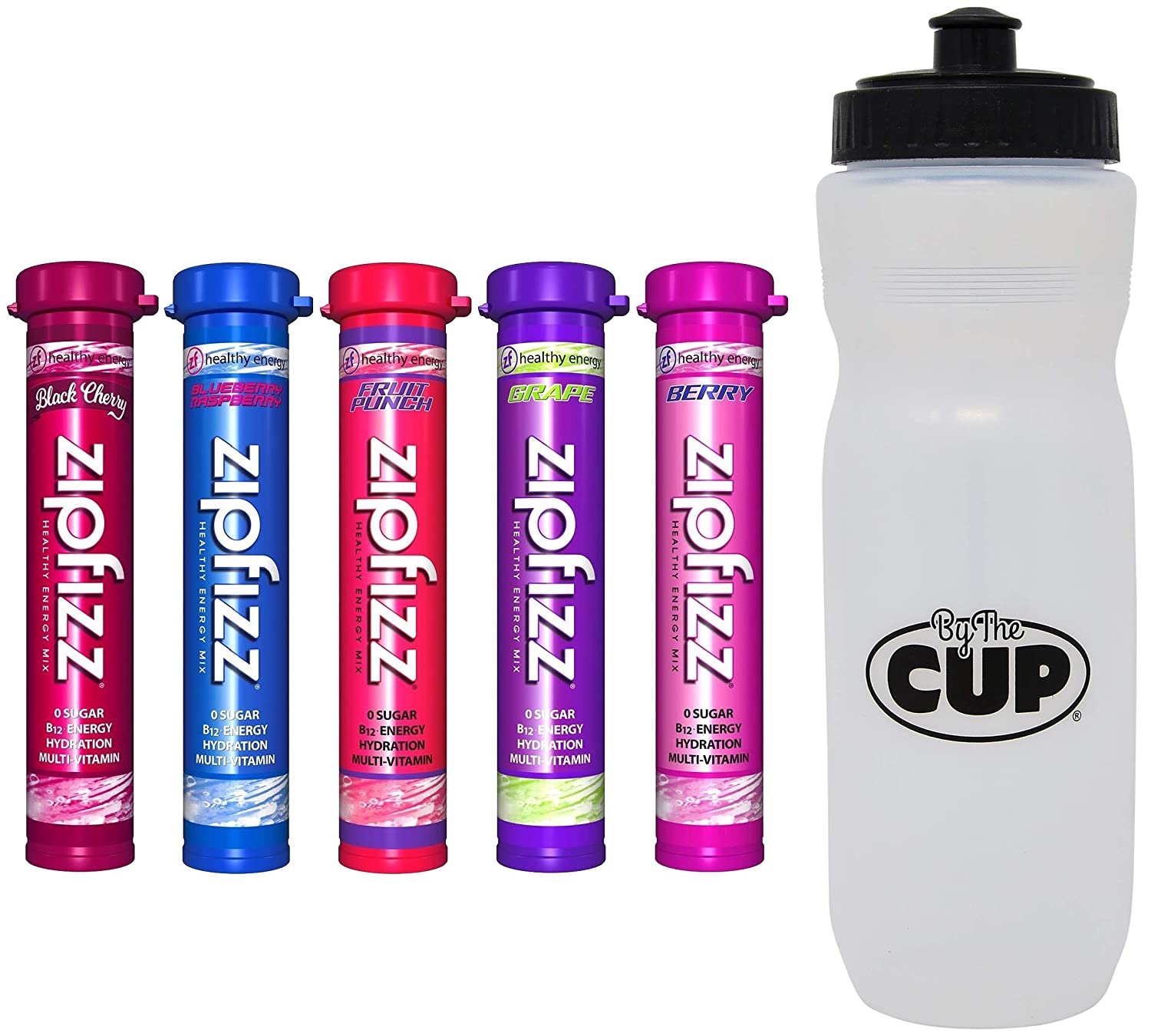 Zipfizz Energy Drink Mix Fruit Bowl Variety, 5 Caffeinated Flavors with By The Cup Sports Bottle